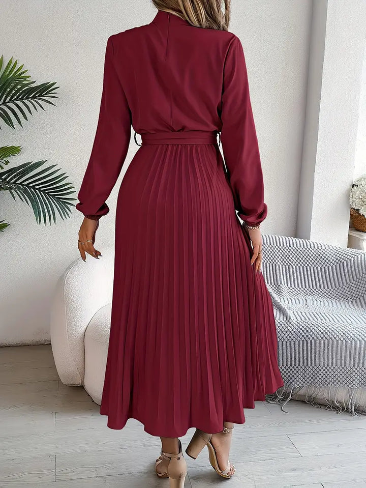 Sana | Damen Abend Plissierter Hochgeschlossener Midikleid