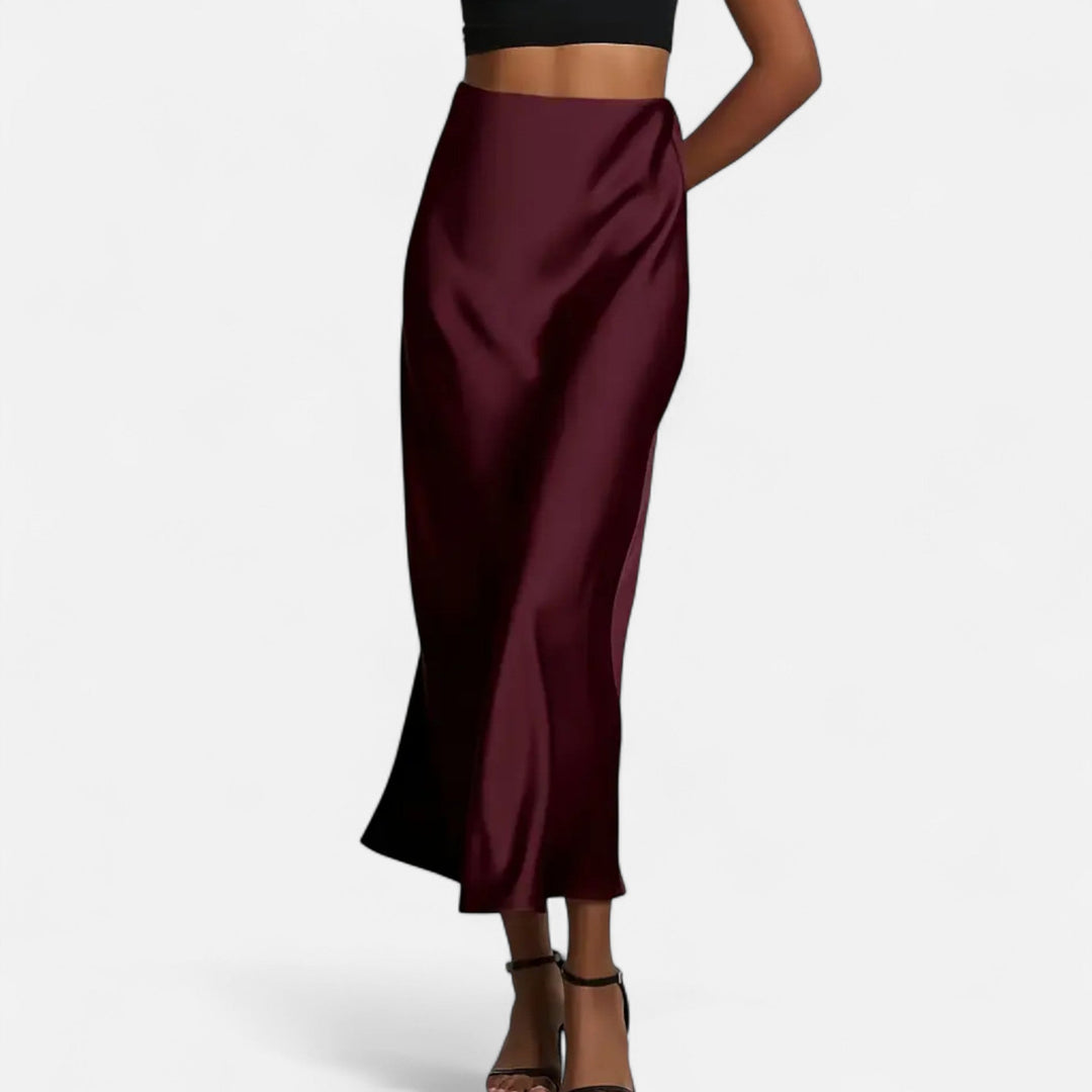 Delia | Jupe midi élégante en satin et coupe biais pour femme