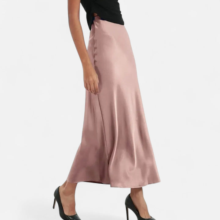 Delia | Jupe midi élégante en satin et coupe biais pour femme