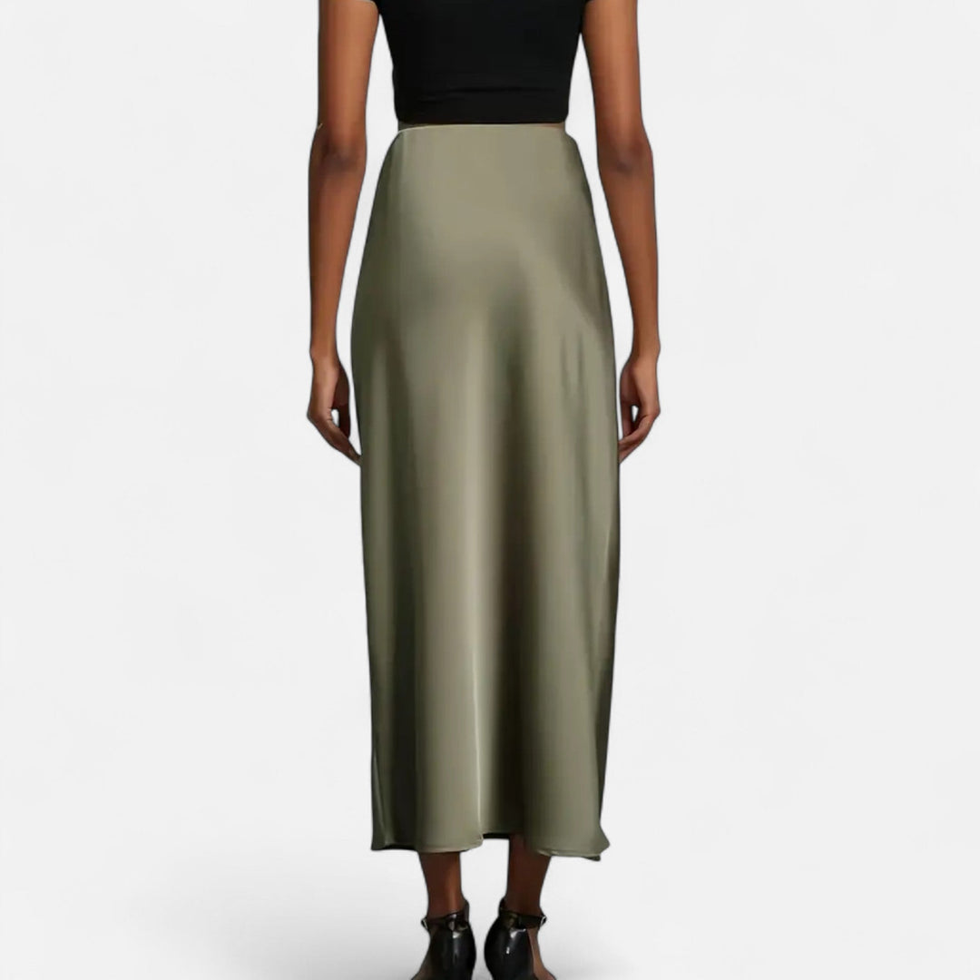 Delia | Jupe midi élégante en satin et coupe biais pour femme