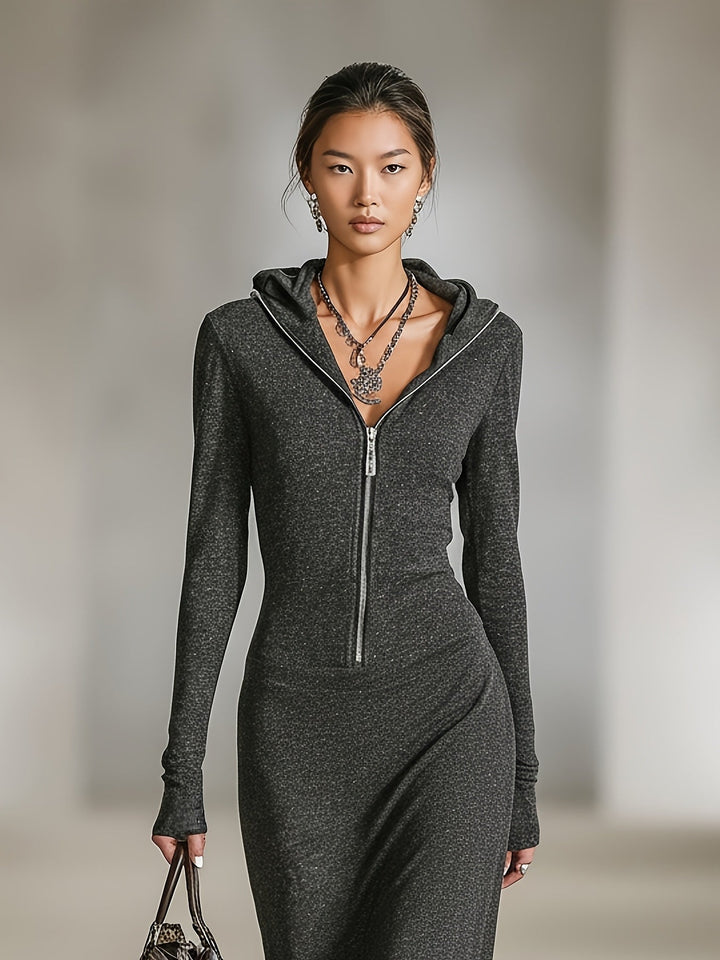 Evelyne | Damen Lässiges Kapuzen Zip Maxikleid