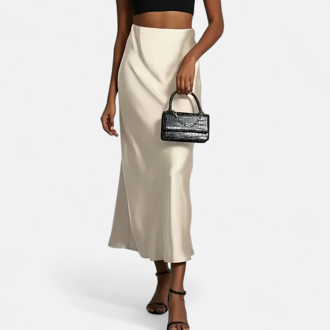 Delia | Jupe midi élégante en satin et coupe biais pour femme