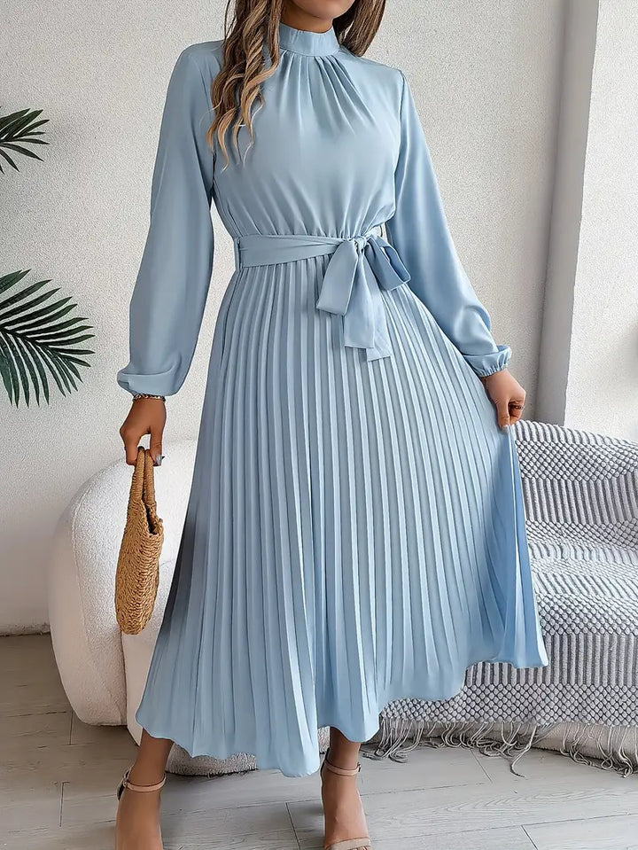 Sana | Damen Abend Plissierter Hochgeschlossener Midikleid