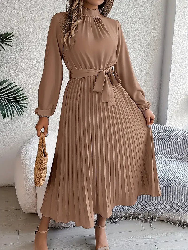 Sana | Damen Abend Plissierter Hochgeschlossener Midikleid
