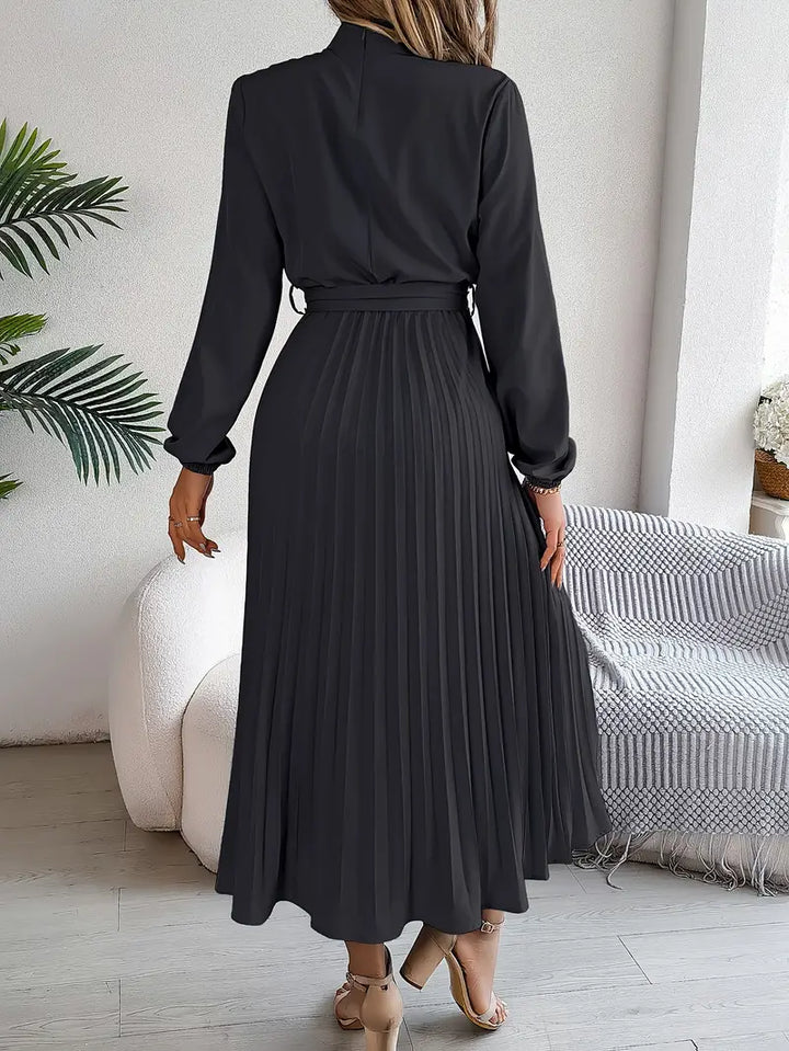 Sana | Damen Abend Plissierter Hochgeschlossener Midikleid