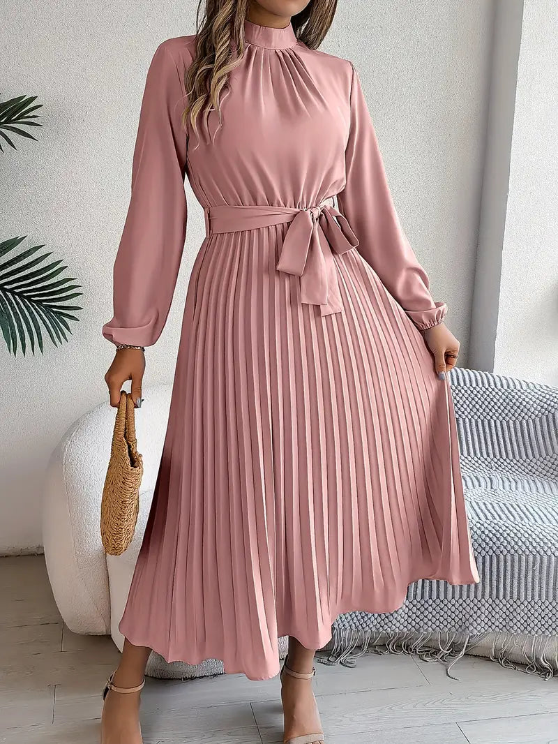 Sana | Damen Abend Plissierter Hochgeschlossener Midikleid