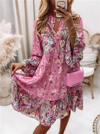 Lucia | Robe midi bohème fleurie à décolleté en V et manches longues pour femme  