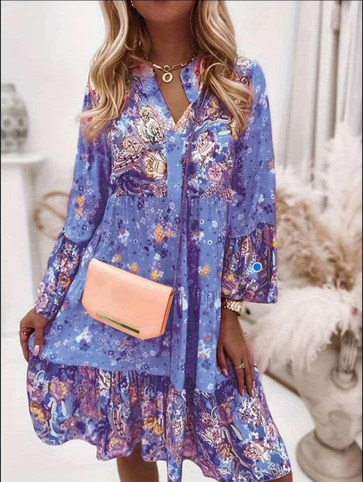 Lucia | Robe midi bohème fleurie à décolleté en V et manches longues pour femme  