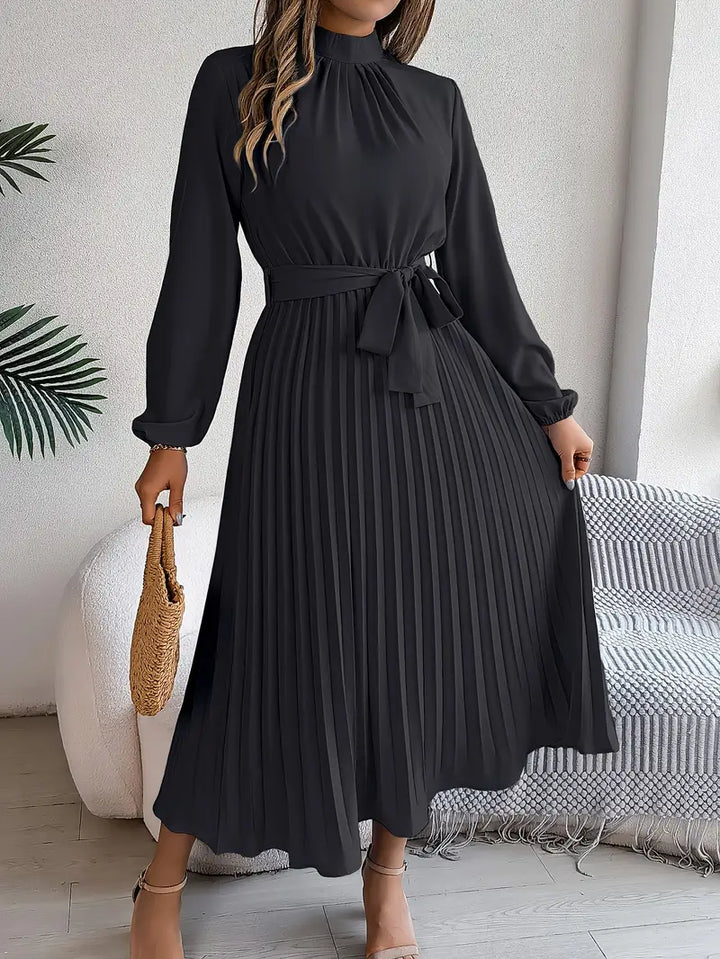 Sana | Damen Abend Plissierter Hochgeschlossener Midikleid