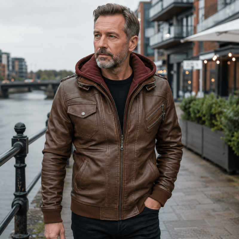 Wesley | Veste de motard classique en cuir avec capuche pour homme