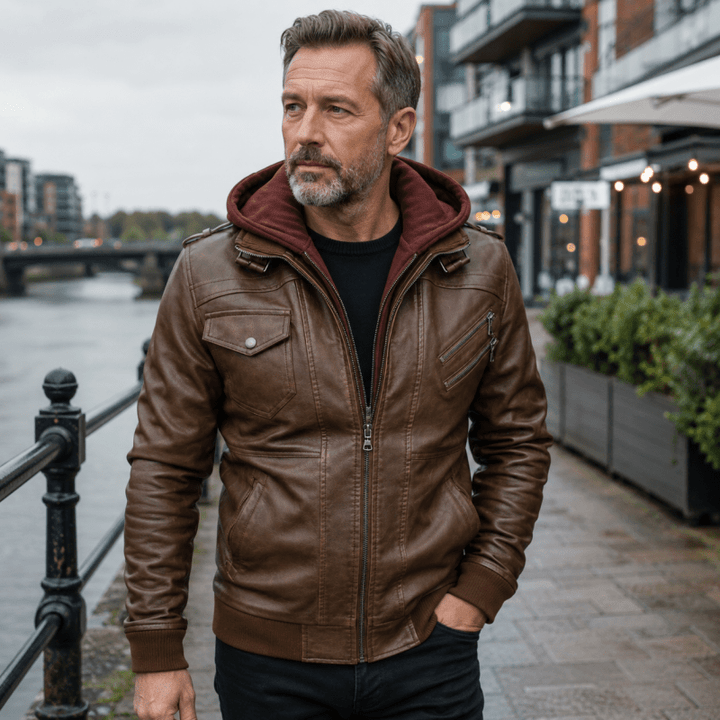Wesley | Veste de motard classique en cuir avec capuche pour homme