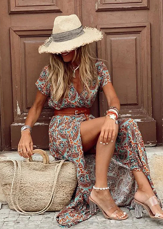 Lina | Damen Sommer Lässiges Tailliertes Paisley Maxikleid