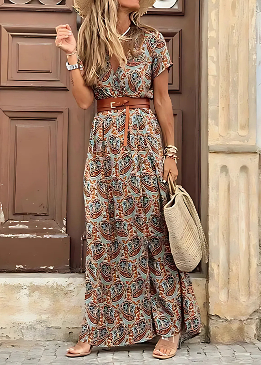 Lina | Damen Sommer Lässiges Tailliertes Paisley Maxikleid