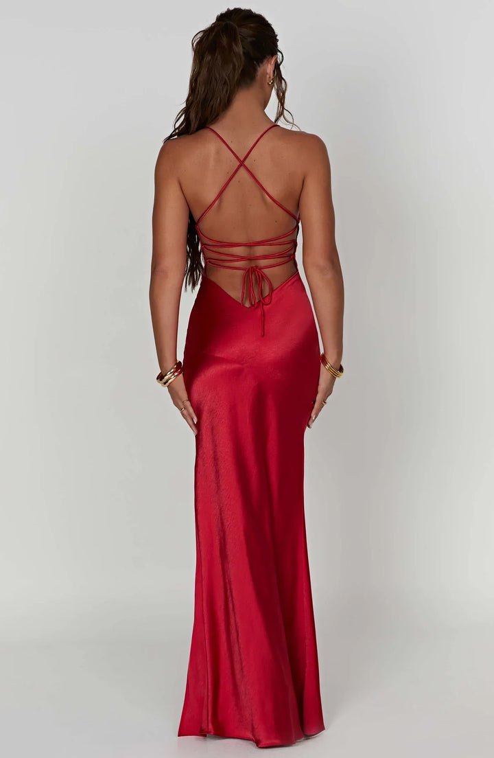 Cosima | Robe longue en satin à col en V pour invitée de mariage