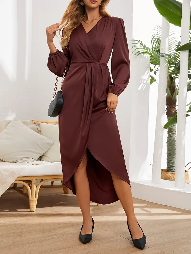 Rosa | Robe satinée élégante à décolleté en V avec manches longues pour femme  