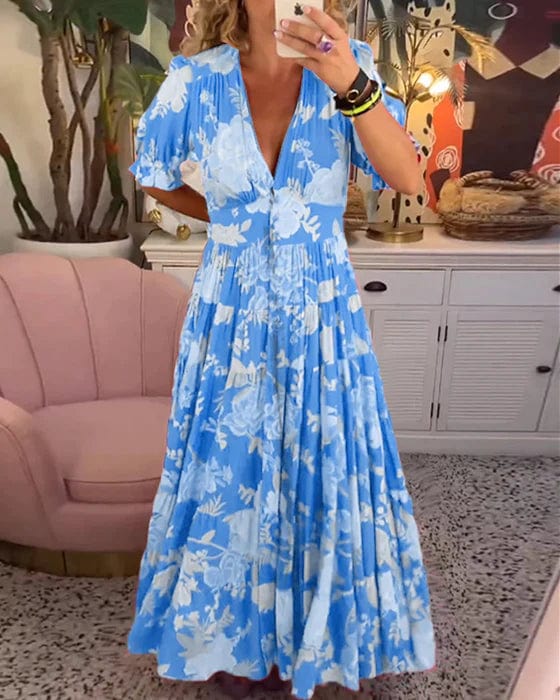 Liv | Damen Florales V-Ausschnitt Maxikleid Mit Kurzen Ärmeln