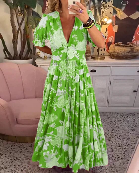 Liv | Damen Florales V-Ausschnitt Maxikleid Mit Kurzen Ärmeln