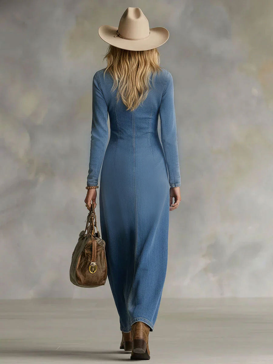Serena | Robe maxi en denim élégante à col en V avec patte de boutonnage pour femme