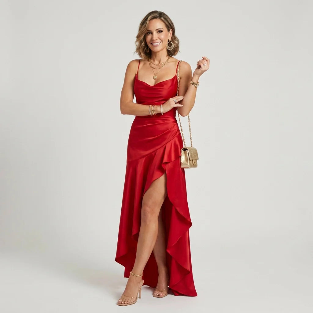 Nina | Damen Elegantes asymmetrisches Satin Abendkleid