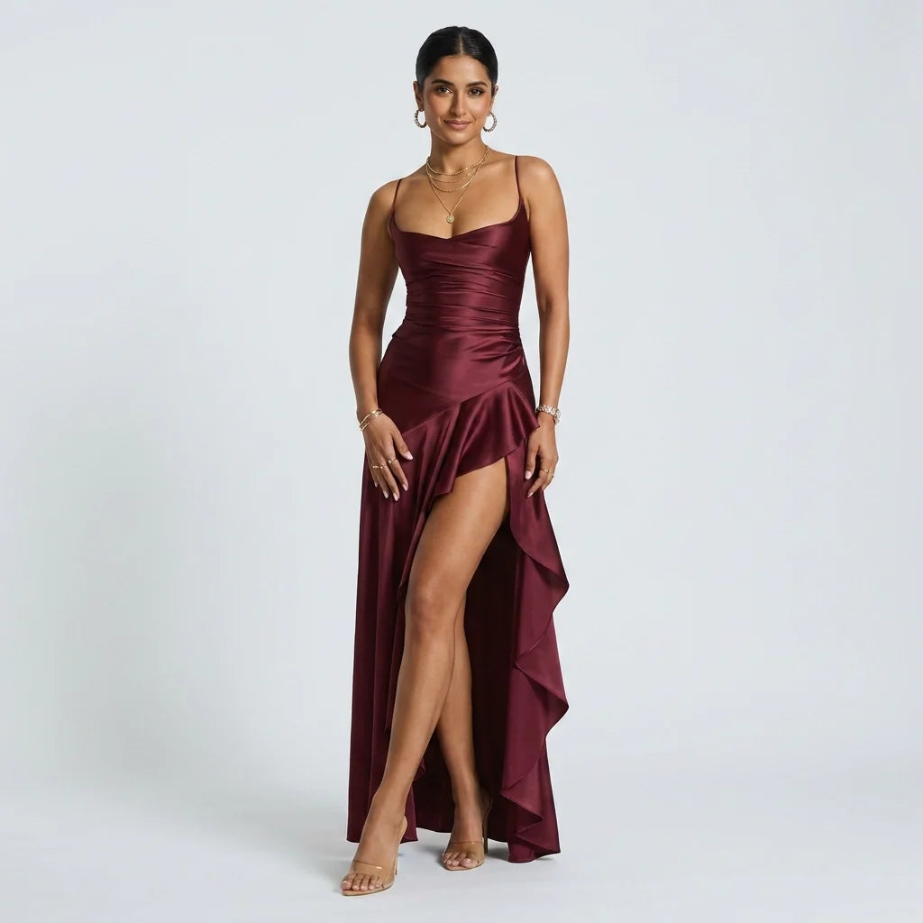 Nina | Damen Elegantes asymmetrisches Satin Abendkleid