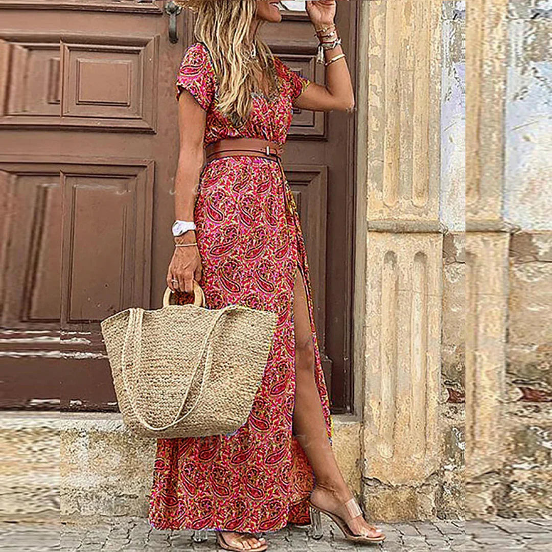 Lina | Damen Sommer Lässiges Tailliertes Paisley Maxikleid