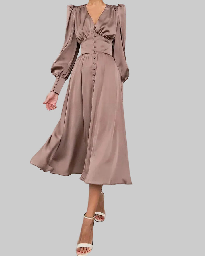 Annika | Damen Elegantes V-Ausschnitt Midikleid mit Puffärmeln