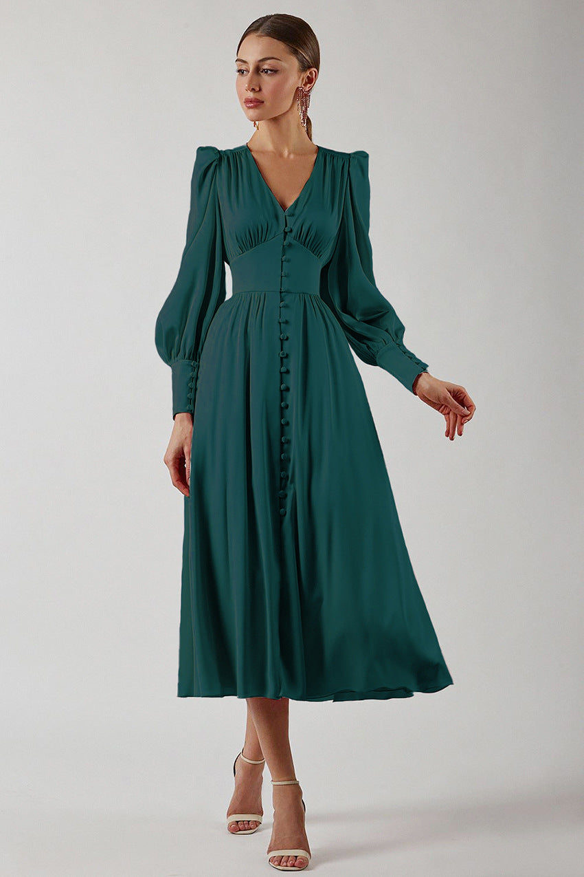 Annika | Damen Elegantes V-Ausschnitt Midikleid mit Puffärmeln