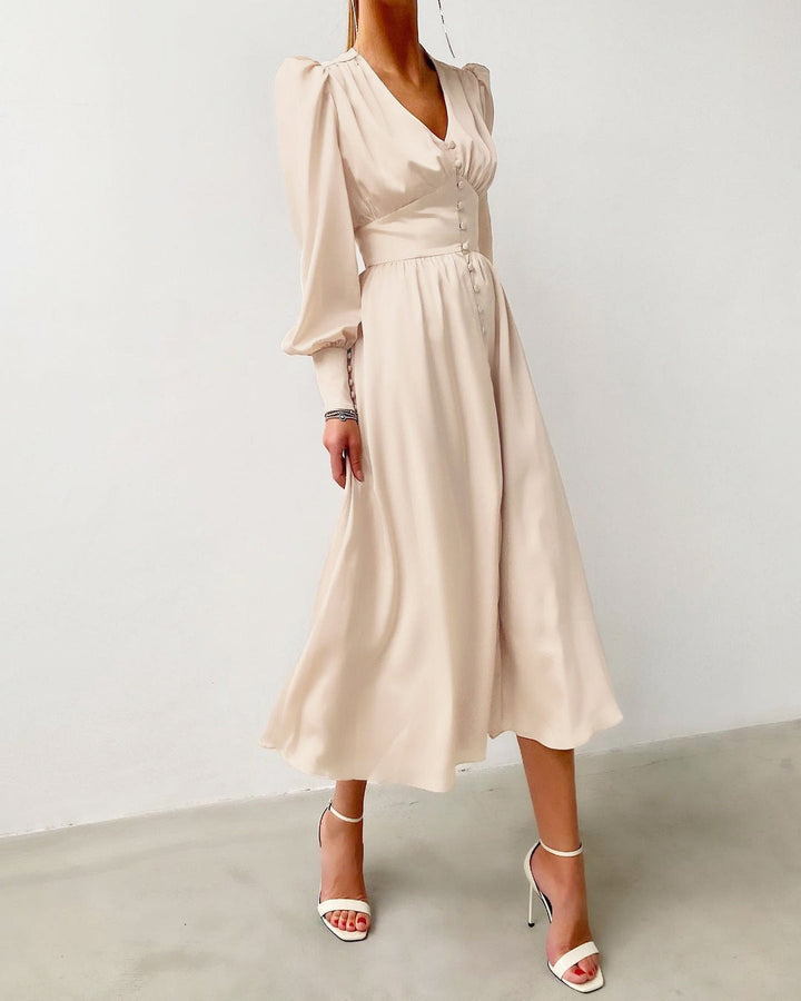 Annika | Damen Elegantes V-Ausschnitt Midikleid mit Puffärmeln
