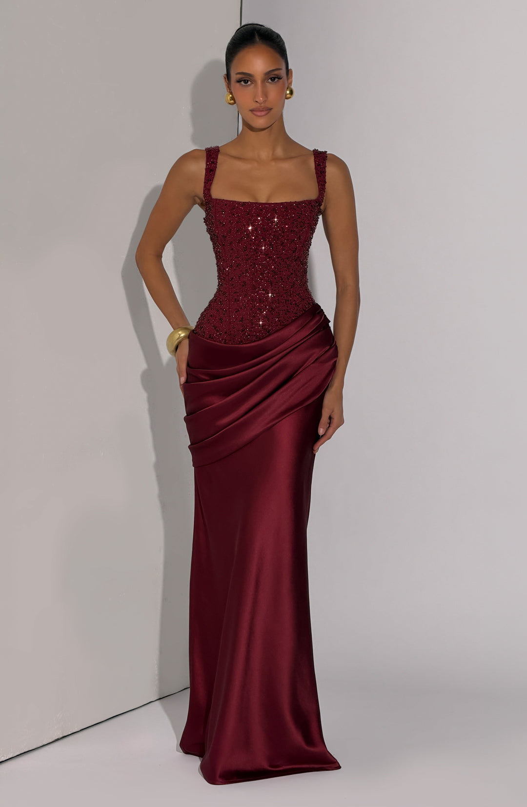 Serena | Damen Glitzer Korsett Maxikleid mit Drapierung