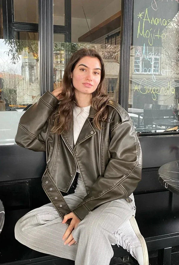 Rosanna | Veste motard en cuir courte avec fermeture asymétrique pour femme  