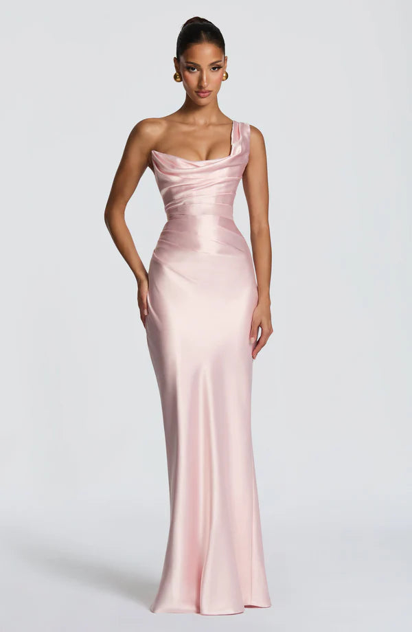 Margrit | Robe de soirée satinée élégante à une épaule pour femme