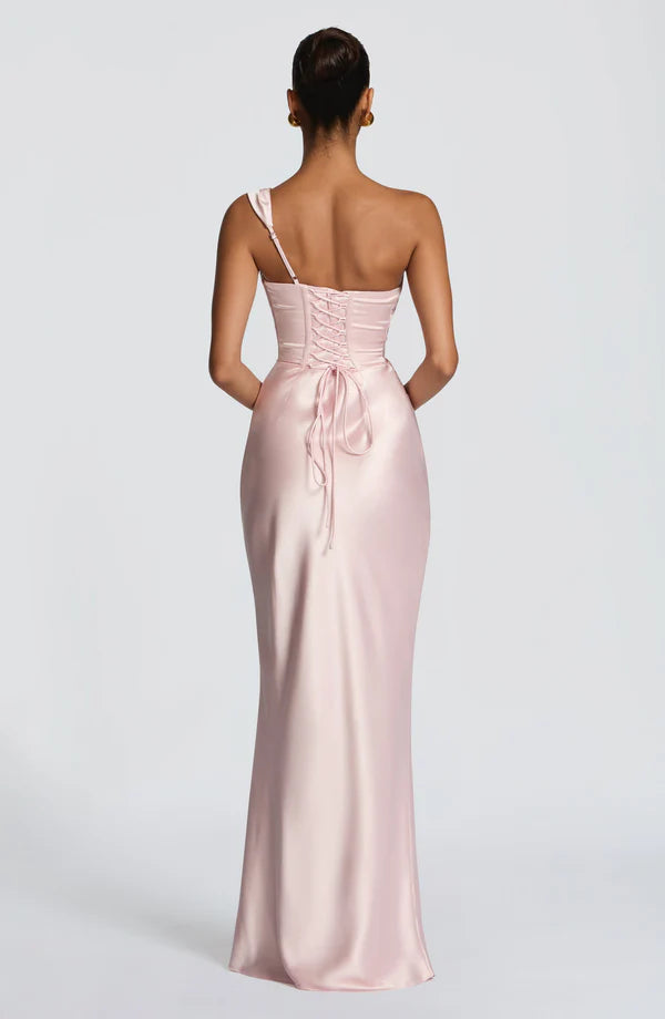 Margrit | Robe de soirée satinée élégante à une épaule pour femme