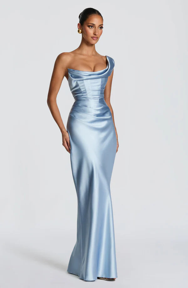 Margrit | Robe de soirée satinée élégante à une épaule pour femme