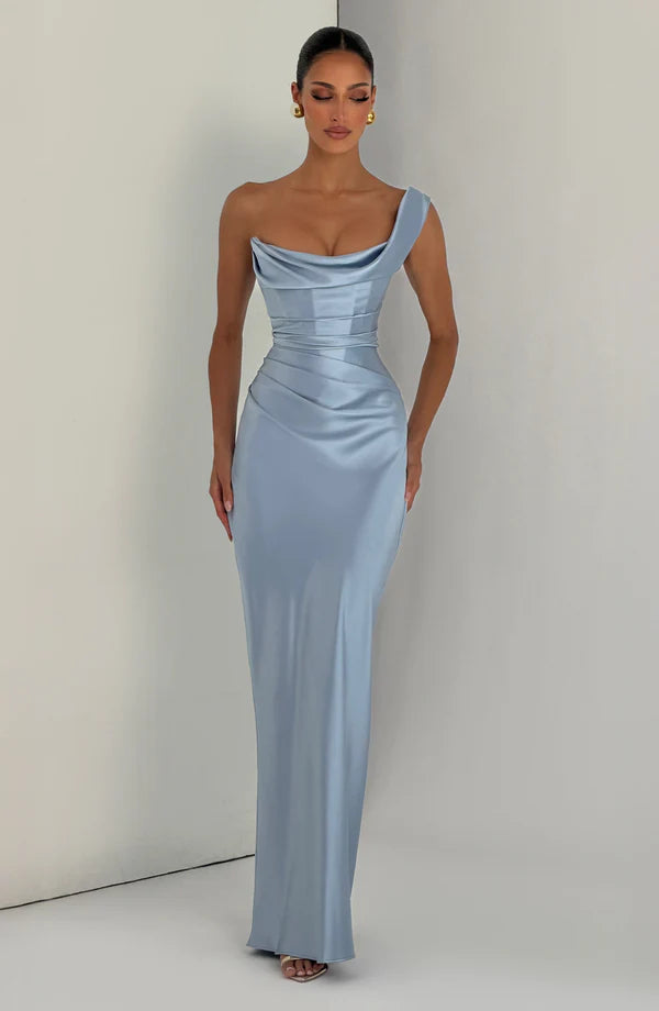 Margrit | Robe de soirée satinée élégante à une épaule pour femme