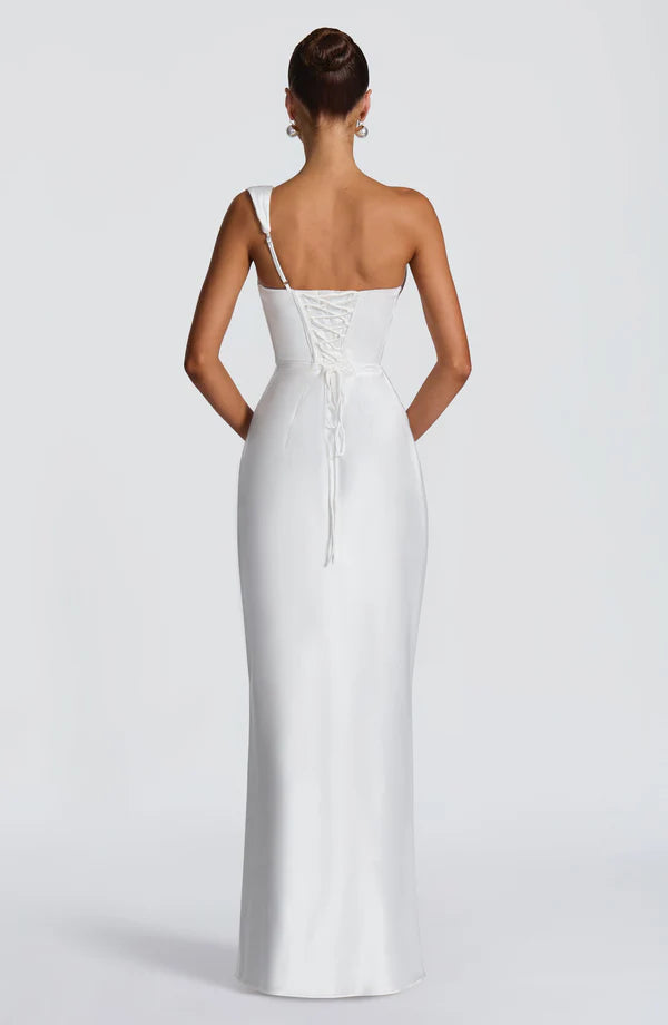 Margrit | Robe de soirée satinée élégante à une épaule pour femme