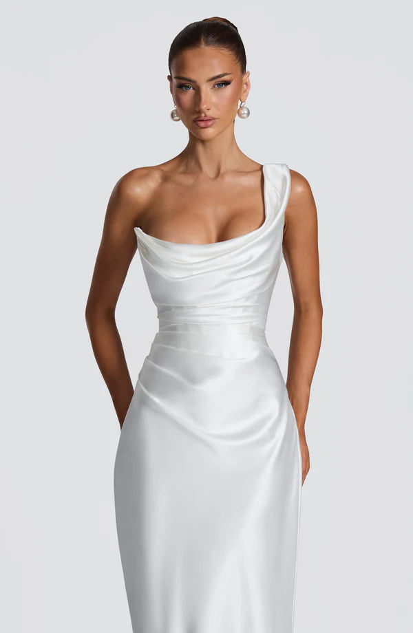 Margrit | Robe de soirée satinée élégante à une épaule pour femme