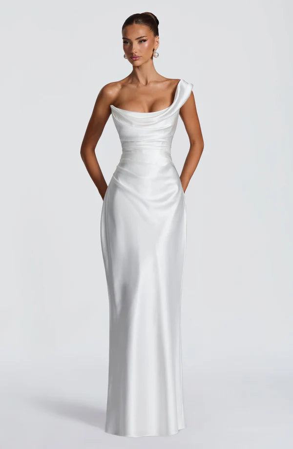 Margrit | Robe de soirée satinée élégante à une épaule pour femme