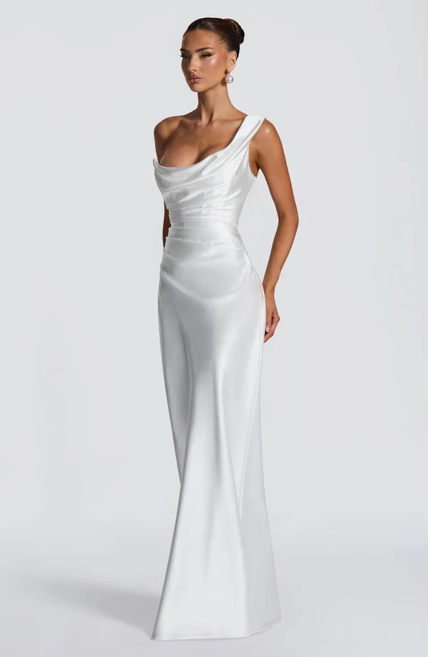 Margrit | Robe de soirée satinée élégante à une épaule pour femme