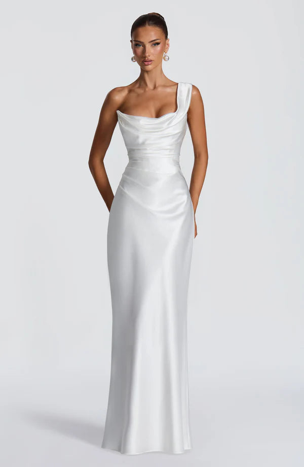 Margrit | Robe de soirée satinée élégante à une épaule pour femme