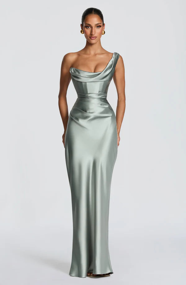 Margrit | Robe de soirée satinée élégante à une épaule pour femme