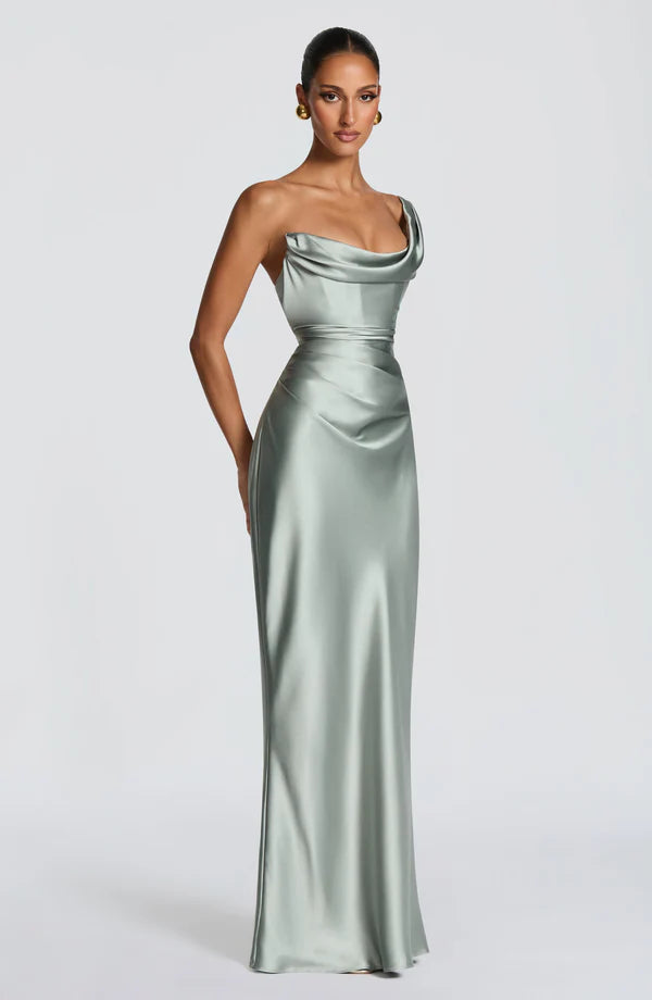 Margrit | Robe de soirée satinée élégante à une épaule pour femme