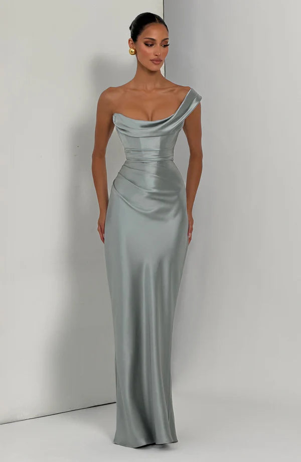 Margrit | Robe de soirée satinée élégante à une épaule pour femme
