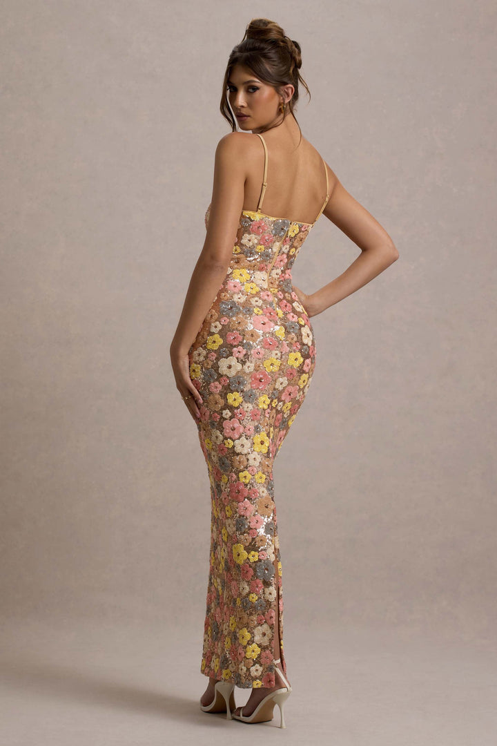Celine | Damen Florales Glitzer Bodycon Hochzeitsgastkleid