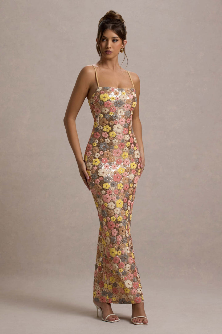 Celine | Damen Florales Glitzer Bodycon Hochzeitsgastkleid