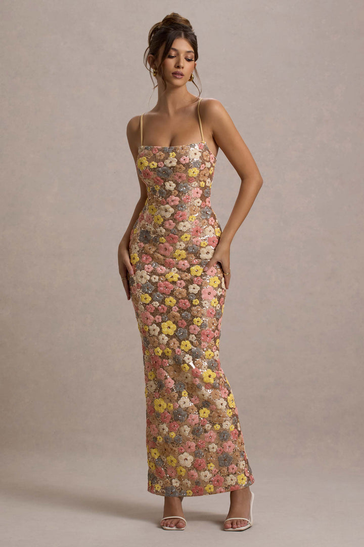 Celine | Damen Florales Glitzer Bodycon Hochzeitsgastkleid