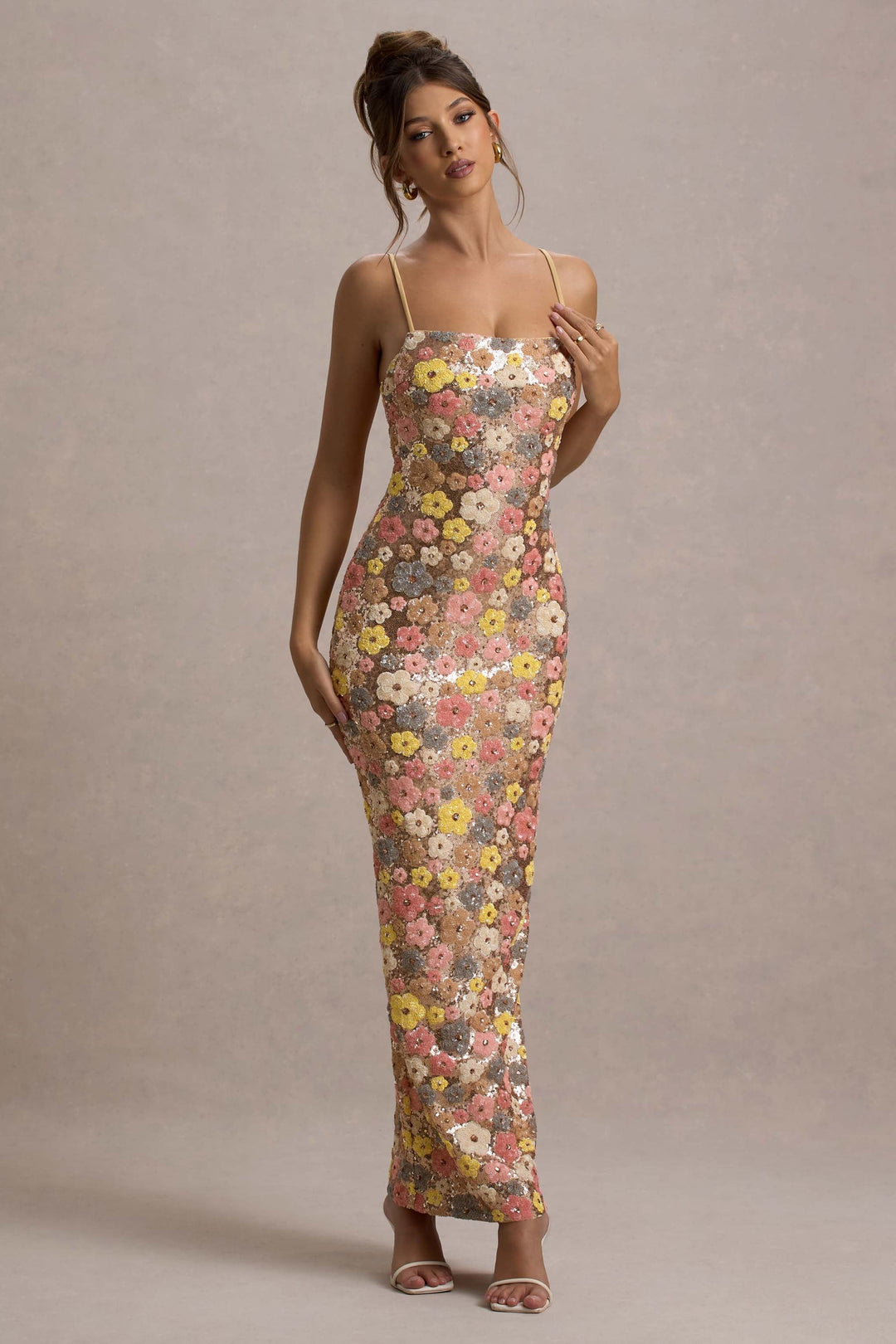Celine | Damen Florales Glitzer Bodycon Hochzeitsgastkleid