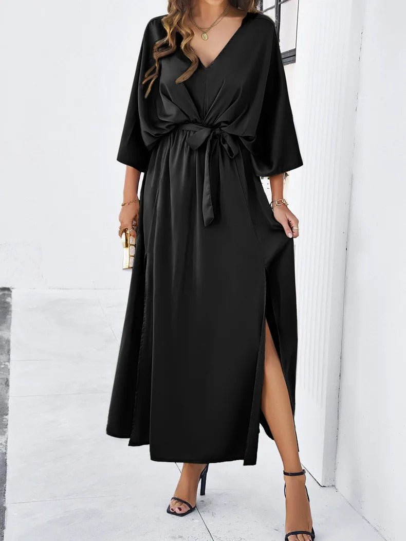 Andrea | Elegante vestito incrociato in satin da donna con spacco laterale